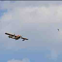 The Sea Duck in the air with a view of it's front