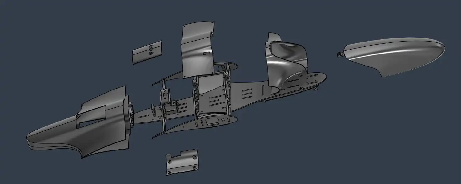 An exploded view in CAD of Starling's fuselage