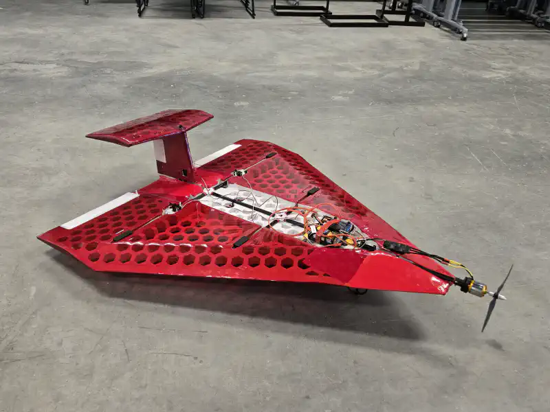 The aircraft displayed on a concrete floor